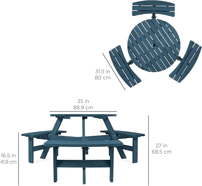 Best Choice Products 6-Person Circular Outdoor Wooden Picnic Table for Patio, Backyard, Garden, DIY w/ 3 Built-in Benches, 500lb Capacity - Harbor Blue