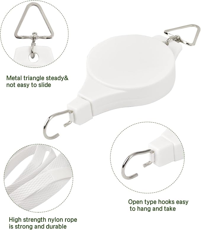 Sungmor Plant Pulleys 3PC White Adjustable Plant Hangers, Indoor Outdoor Retractable Hanging Plant Hook, Telescopic Higher Lower Easy Reach Ceiling Hooks for Hanging Flower Basket Planter Bird Feeder