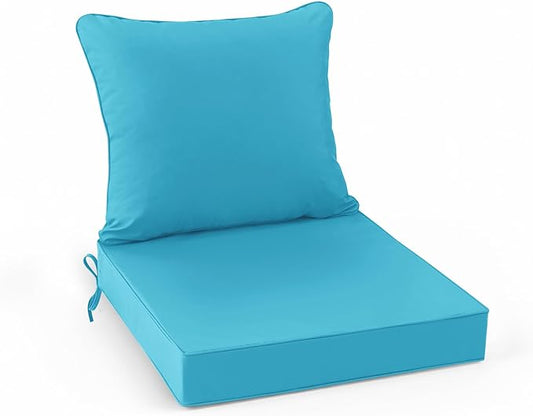 Outdoor Backrest and Deep Seat Cushion Set, Waterproof Fade Resistant Patio Chair Furniture Cushion with Removable Cover, 22 x 22 Inch, Teal, 1 Set
