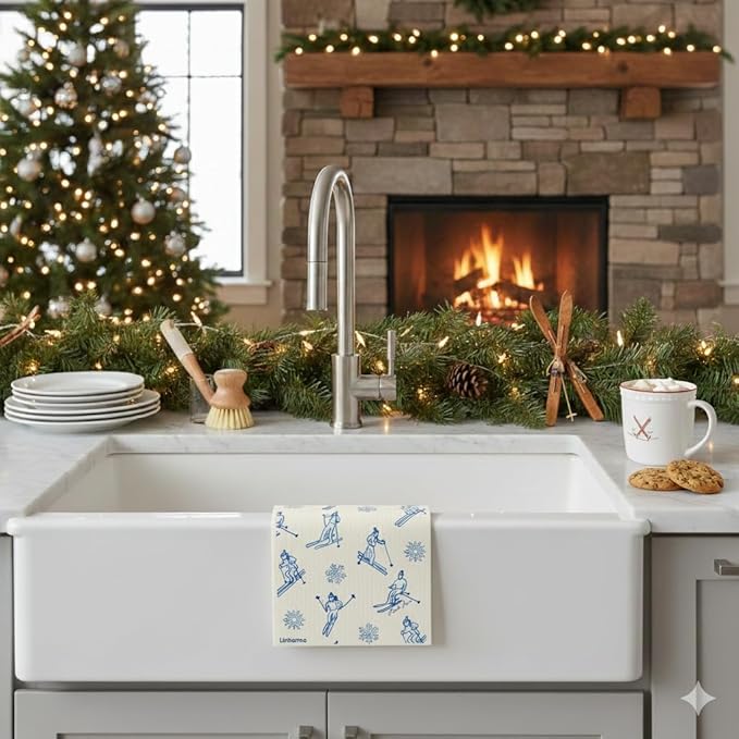 Christmas Holiday Ski Collection Swedish Dishcloth, Reusable Paper Towel, Super Absorbent Cellulose Sponge, Washable Kitchen Cleaning Cloth (Ski Day - 1 Pack)