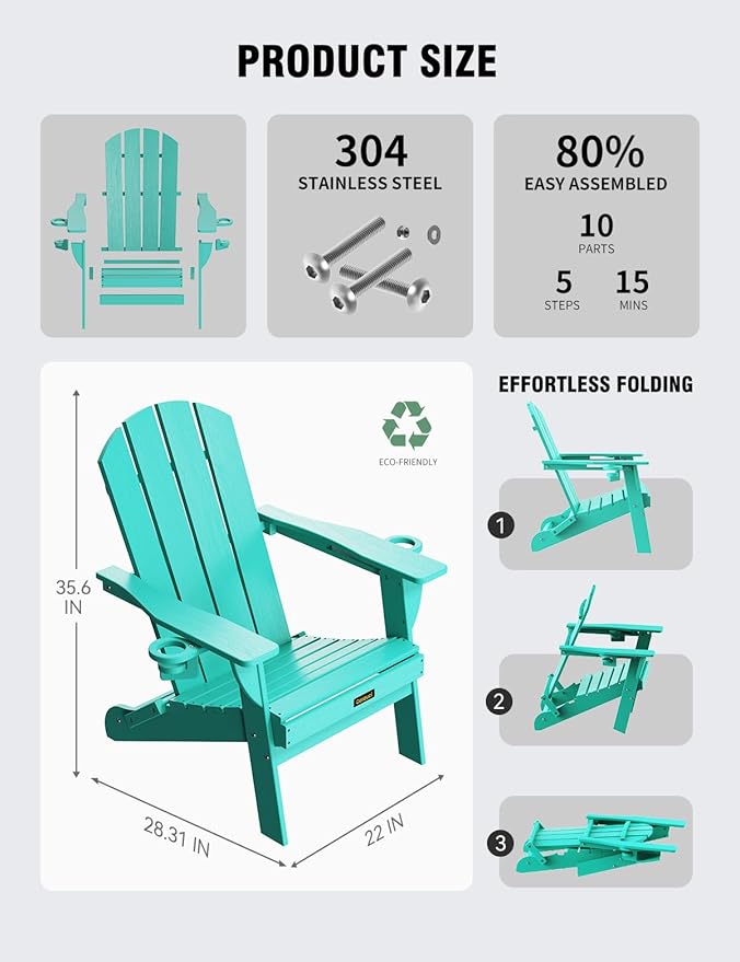 Folding Adirondack Chair Set of 6, Wooden Textured Plastic Adirondack Chairs with 2 Cup Holder, Weather Resistant HDPE Fire Pit Chair, Outdoor Patio Chairs for Garden, Backyard, Lawn, Deck, Lake Blue