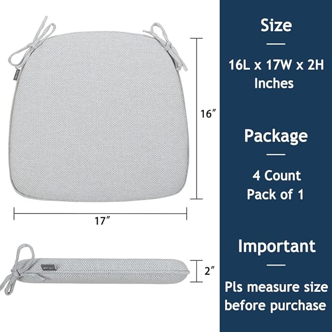 Magpie Fabrics 17"x16"x2" U-Shape Chair Cushions with Ties 4 Count, Outdoor Indoor Waterproof All Weather Seat Pads Decoration for Patio Garden Dining Office - Light Gray