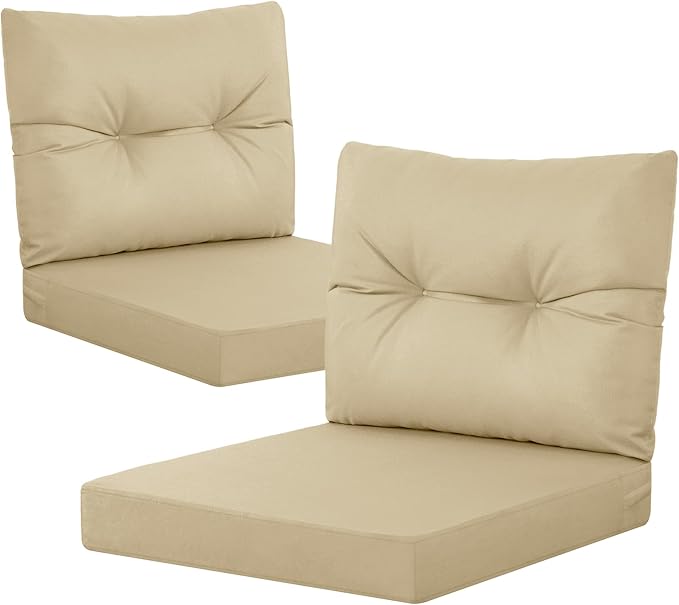 YEFU 24x24 Outdoor Cushions for Patio Furniture: Waterproof Fade Resistant Outdoor Seat Cushions Set of 2 - Olefin Deep Seat Paio Cushion Pads Replacement with Ties for Chair Sofa Couch(Beige)