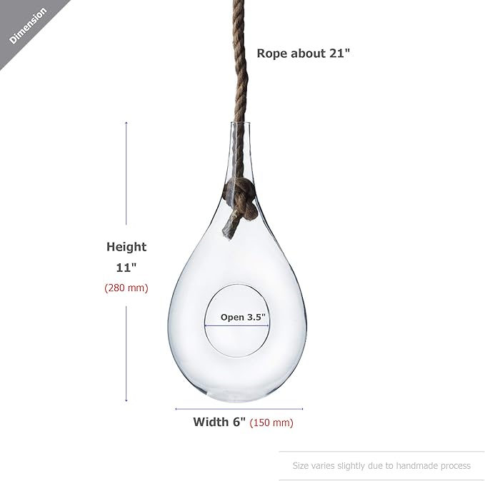 WGV Hanging Planter Terrarium Bulk, Width 6", Height 11", DIY Clear Glass Succulents Air Teardrop Floral Container (Including Rope), Candle Holder Vase for Outdoor Indoor Decor, 6 Pieces