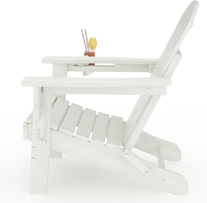 Folding Adirondack Chair Set of 2 with Ottoman, All-Weather HDPE Outdoor Chair, Wooden Textured with Cup Holder for patios, Decks, Gardens, fire pits, White