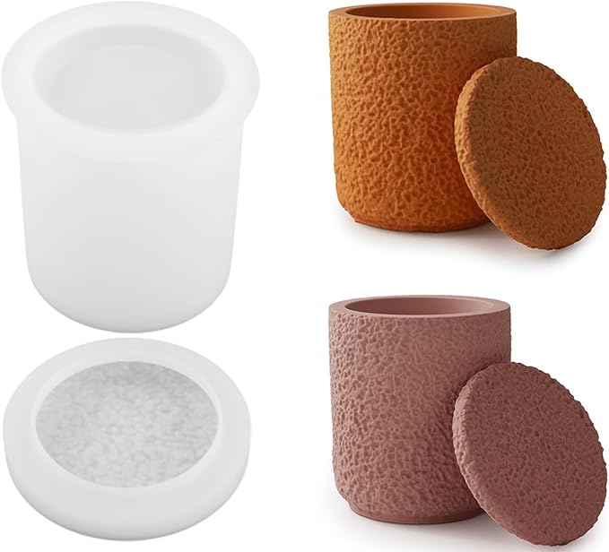 Storage Box With Lids, Silicone Jar Molds Set, Creative Vessels Pot Molds, Concrete Round Stripe With Cover Bottle Making Moulds for Candle Holder Storage (D-Rough Tall)