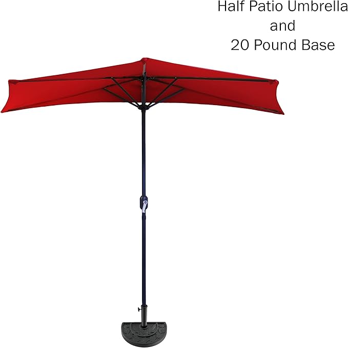 9-Ft Half Patio Umbrella Easy Crank Semicircle Balcony Shade with 20lb Weighted Base for Deck, Porch, or Against a Wall by Pure Garden (Red)