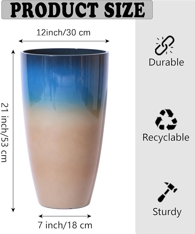Tall Planters for Outdoor Plants, Heavy-Duty Plastic Lightweight Flower Pots Blue to Khaki Gradient Garden Pots Porch Planters Outdoor Set of 2 Gifts for Plant Lovers