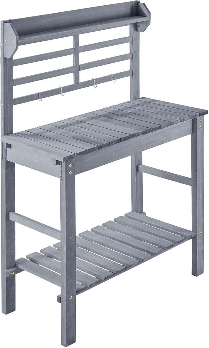 VEVOR Potting Bench Table, Outdoor Gardening Workstation with Sink, 37-55in Adjustable Wood Tabletop, Garden Work Station with Storage Shelves, Hooks for Patio, Backyard, Classic Grey