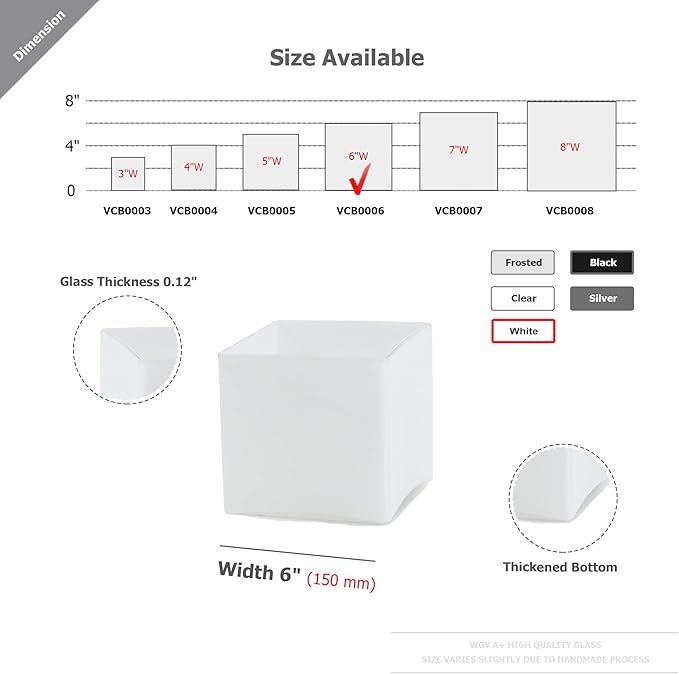 WGV Cube Glass Vase Bulk, Candle Holder, 6"x6"x6", White Elegant Floral Accent Container Planter Terrarium Wedding Ceremony Event Home Decor, 6 Pieces, VCB0006WT