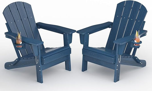 Folding Adirondack Chair Set of 2, All-Weather HDPE Outdoor Chair, Wooden Textured with Cup Holder for patios, Decks, Gardens, fire pits, Navy Blue