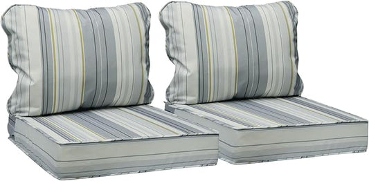 AAAAAcessories Outdoor Seat Cushions for Chairs, Fade-Resistant, Waterproof Patio Furniture Replacement Cushions, 23.5" x 25.5" x 5" + 23.5" x 19", Set of 2, Ash Blue Harbor Stripe