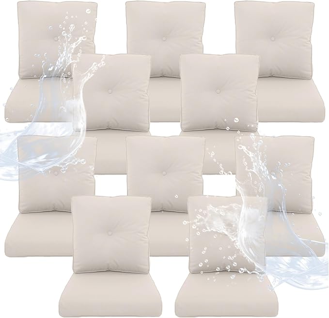 Outdoor Chair Cushions 10 Sets- 22 * 24" Patio Furniture Cushions with Removable Cover, 28D High Density Sponge Filling Outdoor Patio Cushions for Chairs, Rocker, Sofa and Loveseat - Beige