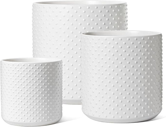 LE TAUCI Ceramic Pots for Plants, 10/8/6 Inch Indoor Planters with Draiange Hole, Silicone Plug & Mesh Pad, Modern Rasied-Dots Pots for Home Office, Set of 3, Satin, White