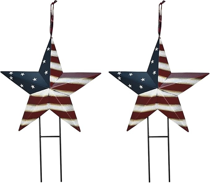 Veclotch 4th of July Metal Barn Star Yard Sign Outdoor Lawn Decor, Patriotic US Flag Star Barn Hanging Ornament Garden Signs