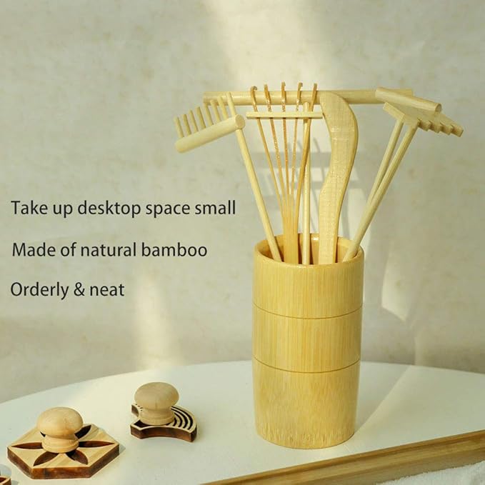 Zen Garden Rake Stamp Tools - Meditation Rock Sand Garden Accessories – Office Desktop Mini Zen Gifts for Man Women Bamboo Rakes Holder Brusher Spoon Figurines