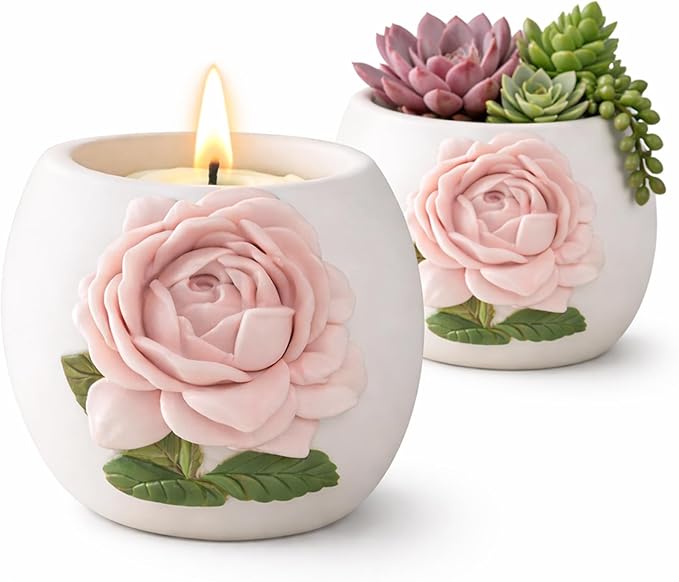 Pink Rose Votive Tea Light Candle Holder & Mini Planter Pot – 4" Wx3.5 H – Decorative Floral Candle Holder – Toothbrush, Pen, Pencil and Makeup Brush Holder – Home Table Décor Gift by SassyXpressions