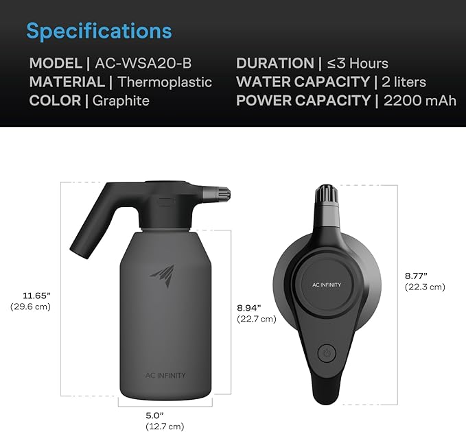 AC Infinity Automatic Sprayer, 2L Portable Electric Spray Bottle, USB Rechargeable with Adjustable Nozzle Spout for Plants Fertilizing Gardening and Cleaning (Frost)