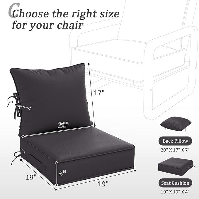 Outdoor Patio Chair Cushions Set 19 L X 19 W X 4 H Inch Waterproof & Fade Resistant Deep Seat and Back Cushions with Removable Covers Outdoor Seat Cushion Set for Chairs and Sofas