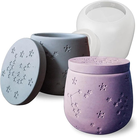 Zodiac Silicone Jar Molds with Lid, Star Design Candle Holder Container Storage Resin Concrete Molds, Constellation Box Succulent Pot Jewelry Holder Casting Mould for Decoration Crafting