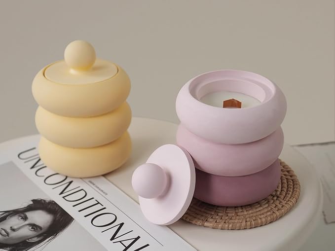 Storage Box With Lids, Silicone Candle Jar Molds Set, Creative Vessels Pot Molds, Concrete Round Stripe With Cover Bottle Making Moulds for Holder (M)