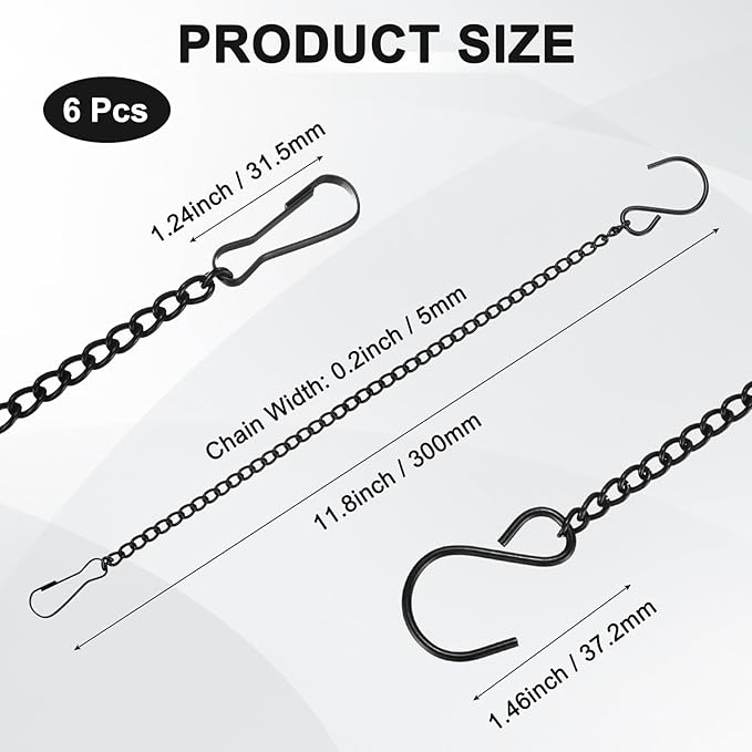 6-Pack Chain for Hanging Plants, 30cm(12 Inch) Adjustable Hanging Chain with Clips for Bird Feeder/Planter/Lantern/Wind Chime, Iron Basket Extender Hanger [Black]