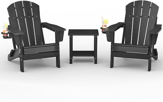 Folding Adirondack Chair Set of 2 with Side Table, All-Weather HDPE Outdoor Chair, Wooden Textured with Cup Holder for patios, Decks, Gardens, fire pits, Black