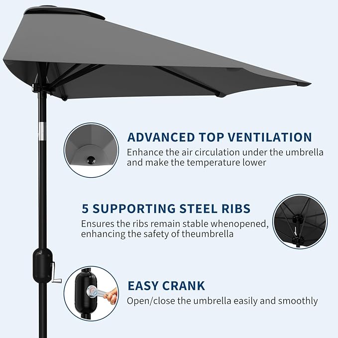 Garvee Patio Umbrella 9FT - Half Umbrella Outdoor with Smooth Crank Lift, Outdoor Shade Canopy for Patio, Backyard, Garden, Deck, Balcony -Gray