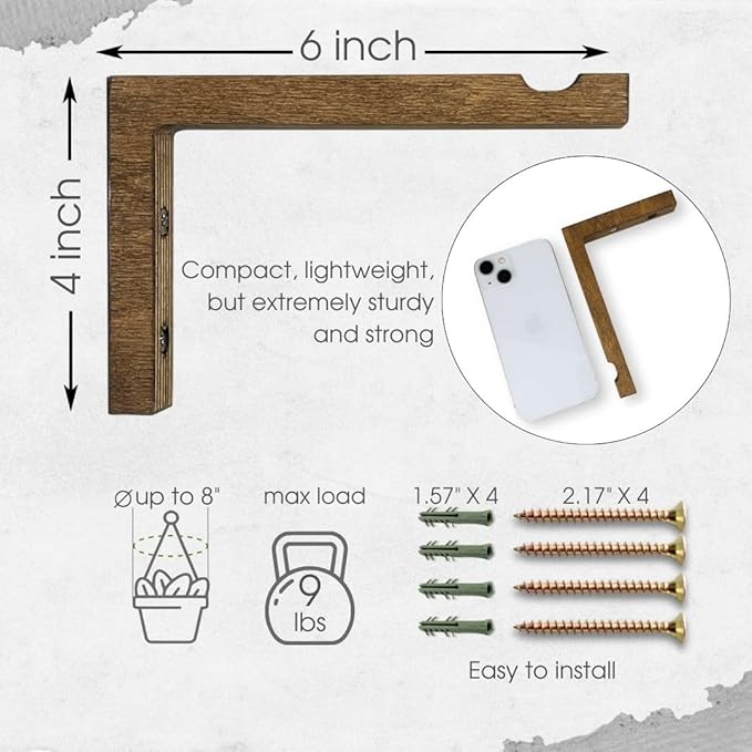 EvenWood 2-Piece Set of Plant Hooks for Wall 6 Inch - L-Shaped Mounted Wooden Plant Hook - Indoor and Outdoor Bracket Plant Hanger for Planters, Lanterns, Bird Feeders and Plant Basket (Walnut)