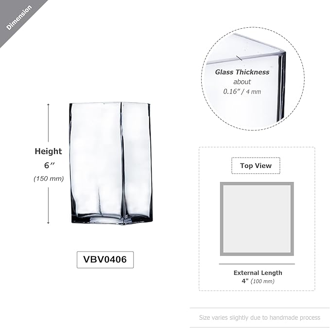 WGV Tall Square Vase Glass Block, Length 4", Height 6", Clear Bud Floral Container, Candle Holder, Planter Terrarium for Wedding Party Event, Home Office Decor, 1 Piece