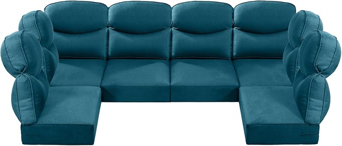 Luxury 24x24x6 Outdoor Seat Cushions for 6-Seat Sectional Sofa Set of 6 - Water-Repellent 14-Piece Patio Cushion Set for Outside Wicker Loveseat Chair L-Shape Couch - Peacock Blue/Smile