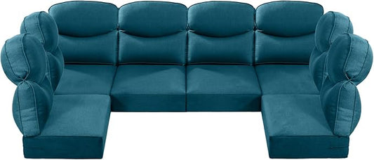 Luxury 24x24x6 Outdoor Seat Cushions for 6-Seat Sectional Sofa Set of 6 - Water-Repellent 14-Piece Patio Cushion Set for Outside Wicker Loveseat Chair L-Shape Couch - Peacock Blue/Smile