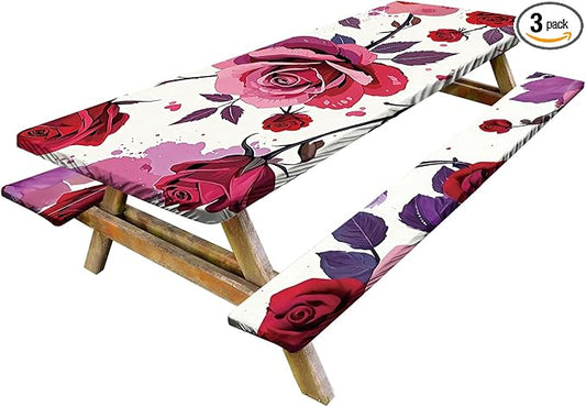 Romantic Roses Picnic Table Cover with Bench Covers Set of 3 - Red Roses and Floral Background, Elastic Fitted Tablecloth for 6 Ft Tables, Washable Polyester Cover for Patio, Indoor & Outdoor