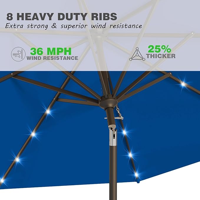 AreShark 9FT Solar Umbrella 32 LED Lighted Patio Umbrella Table Market Umbrella w/Tilt and Crank Outdoor Umbrellas for Garden, Deck, Backyard, Pool and Beach, Deep Blue