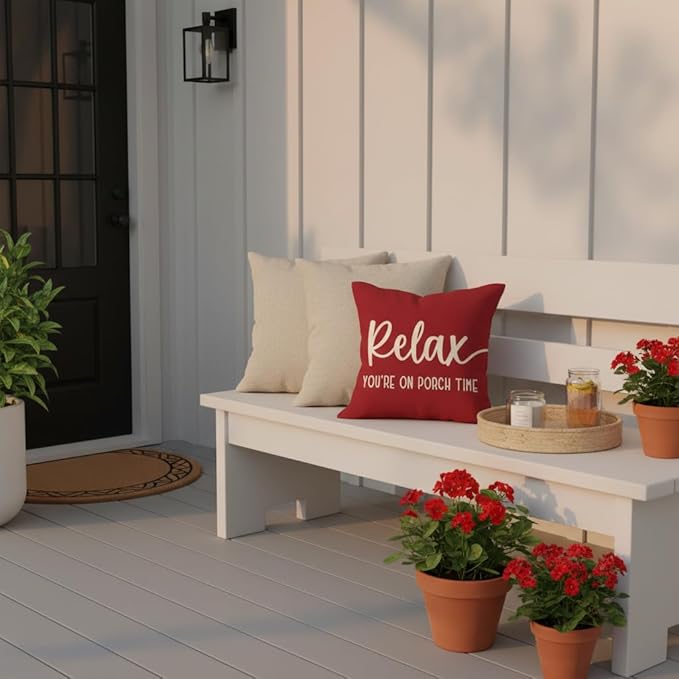 PANDICORN Decorative Throw Pillow Covers 18x18 Inch Relax Porch Time Crimson Red Outdoor Farmhouse Holiday Christmas Patio Decorations Decorative Cushion Case for Front Porch Couch Bench Decor