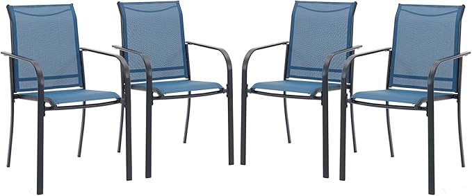 VICLLAX Patio Stackable Dining Chairs Set for 4, Outdoor Sling Chairs with Metal Frame for Front Porch Balcony Backyard Garden and Deck, Dark Blue