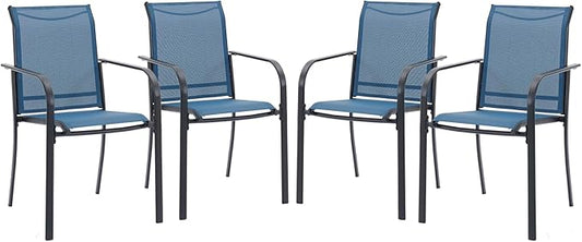VICLLAX Patio Stackable Dining Chairs Set for 4, Outdoor Sling Chairs with Metal Frame for Front Porch Balcony Backyard Garden and Deck, Dark Blue