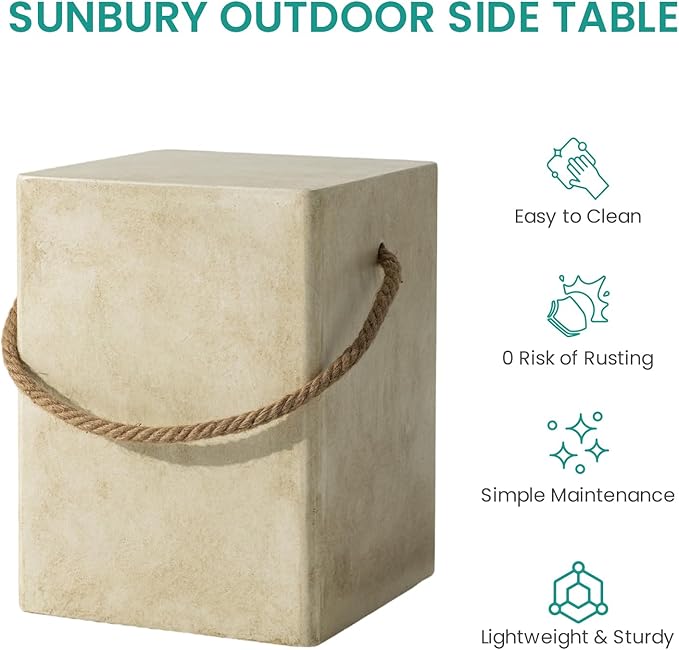 SUNBURY Outdoor Side Table Set of 2, 2 Pieces Concrete Side Table for Patio,18"H Small Outdoor Accent Table w Hemp Rope, Patio Side Table End Table Warm Gray, Ceramic Side Table Garden Stool Log Table