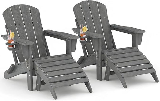 Folding Adirondack Chair Set of 4 with Ottoman, All-Weather HDPE Outdoor Chair, Wooden Textured with Cup Holder for patios, Decks, Gardens, fire pits, Grey