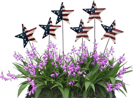 6set Metal Barn Star Yard Sign Planter Stake Outdoor Lawn Decor, Patriotic US Flag Star Barn Garden Signs for Walkway Pathway Planter Pot Decorative Outdoor Stake July 4th Veterans Day Party Supplies
