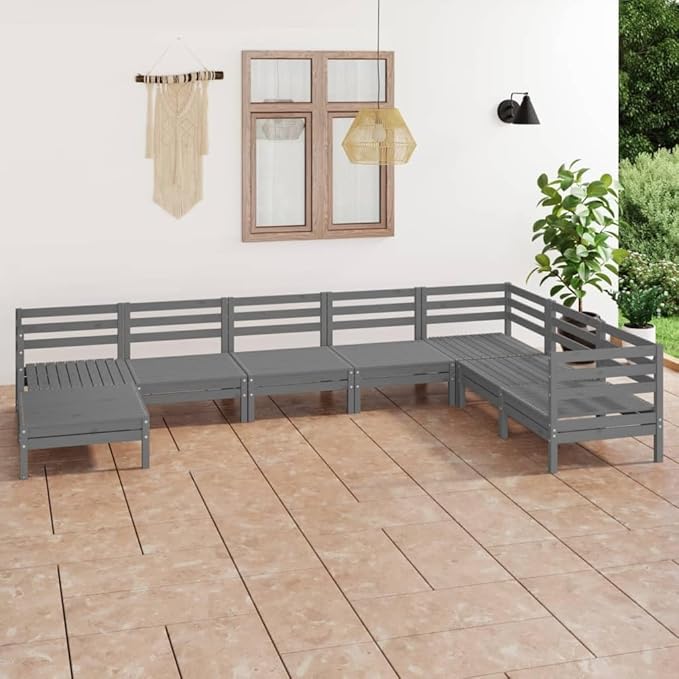 SKM 8 Piece Garden Lounge Set Solid Wood Pine Grey (Weight-65KG)-2986