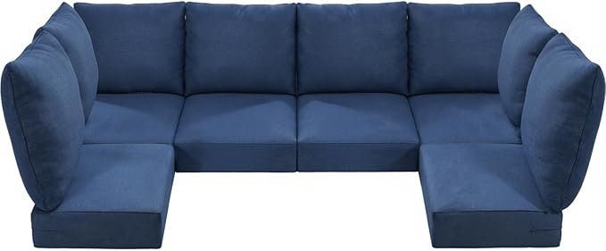 Luxury 24x24x6 Outdoor Seat Cushions for 6-Seat Sectional Sofa Set of 6 - Water-Repellent 14-Piece Patio Cushion Set for Outside Wicker Loveseat Chair L-Shape Couch - Navy Blue/Classic