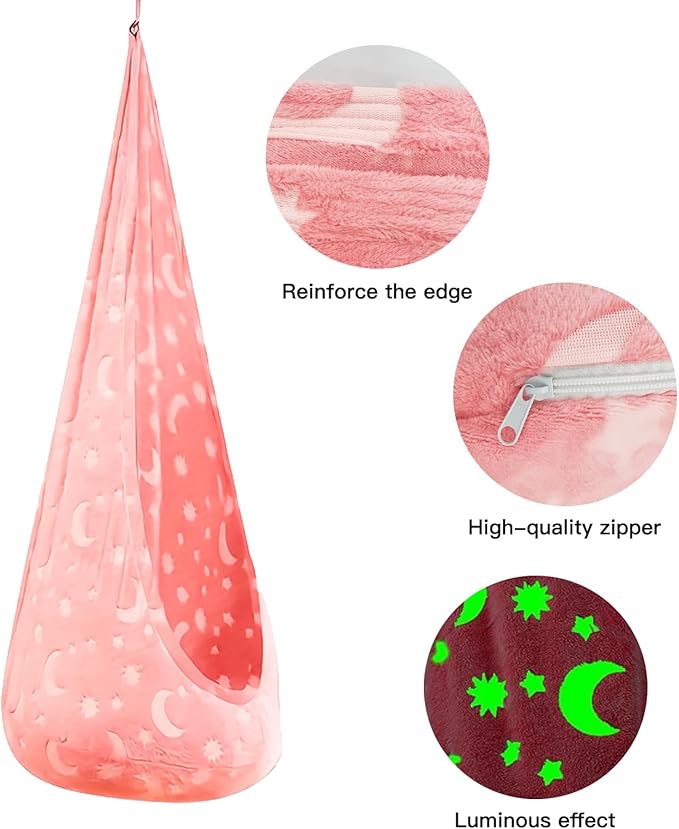 Kids Pod Swing Seat, Flannel Sensory Swing Chair Nightglow with PVC Inflatable Cushion, Hanging Hammock Chair for Indoor＆Outdoor Use (Pink (Starry Sky))