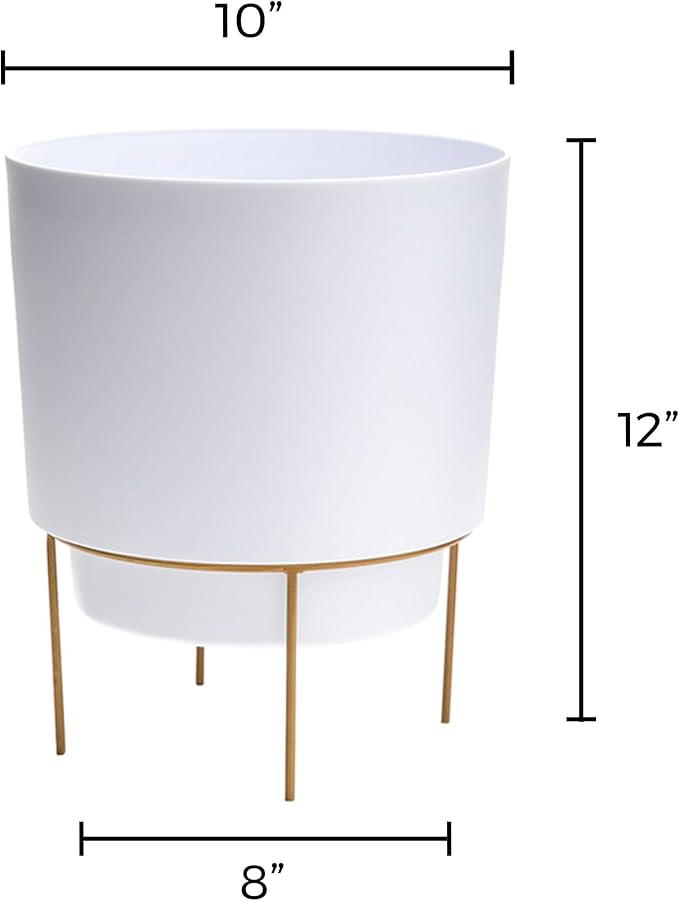 Bloem Hopson Decorative Resin Cachepot with Metal Stand, 10" Indoor and Outdoor Planter with Gold Metal Stand, White