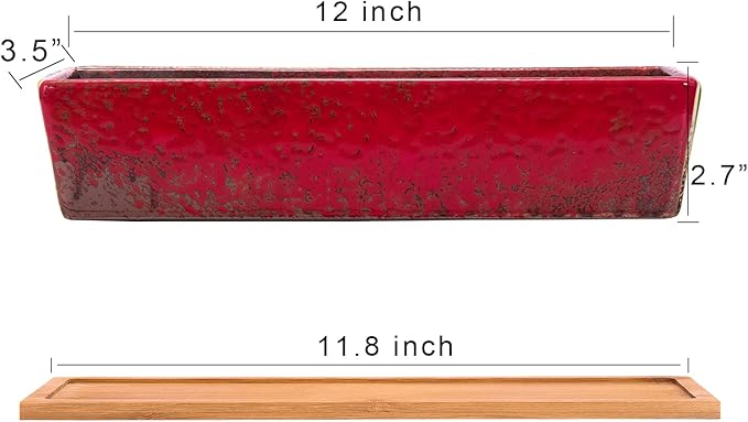 ARTKETTY Succulent Pots - Large Succulent Planter Pots with Drainage, 12 Inch Long Rectangle Bonsai Pot with Bamboo Tray Shallow Ceramic Cactus Flower Planter Window Box for Home Garden Decor (Red)