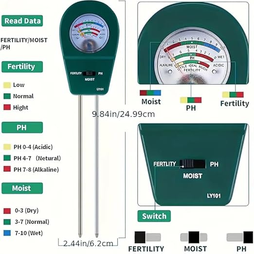 Soil Test Kit, 3-in-1 Soil Moisture Meter, Soil pH and Nutrient Meter, Soil Tester Simultaneously Display Results for Garden, Lawn, Farm Indoor & Outdoor Plants