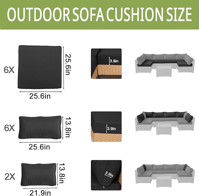 14pcs Outdoor Patio sectional Replacement Cushions Set - Water Resistant Furniture Couch Pads for Sectional Deep Seat Sofa Cushions for 6-Seat Rattan Wicker Sectional Conversation Set Liner&Cover