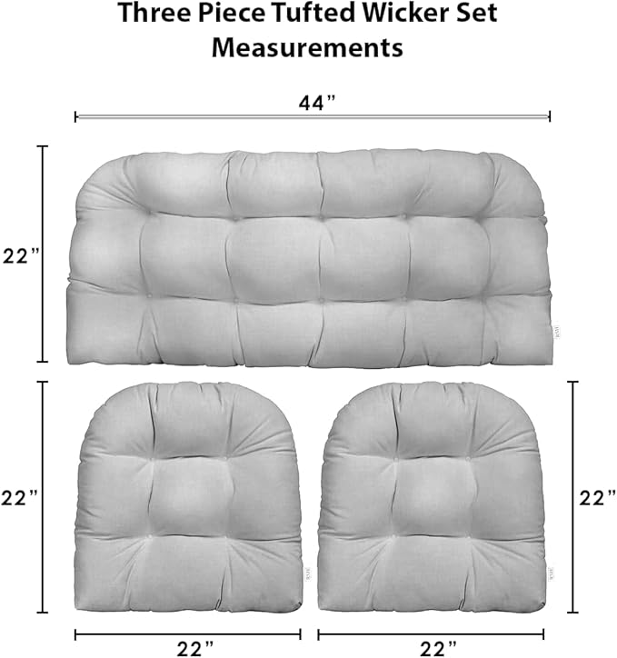 RSH DECOR: 3-Piece Wicker Tufted Cushion Set | for Large Wicker Sets | Outdoor Loveseat & U-Shaped Seat Cushions | Water & Fade-Resistant Spun Fabric | Ashmore Marine