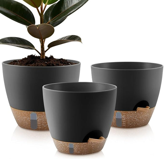 Self-Watering Plant Pots with Water Level Indicator, Drainage Holes & Saucers – 12/10/9 Inch Large Plastic Planter Set for Indoor & Outdoor Plants(Black)