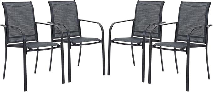 VICLLAX Patio Stackable Dining Chairs Set for 4, Outdoor Sling Chairs with Metal Frame for Front Porch Balcony Backyard Garden and Deck, Black Grey